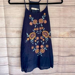 blu pepper dark blue floral embroidered spaghetti strap tank top
